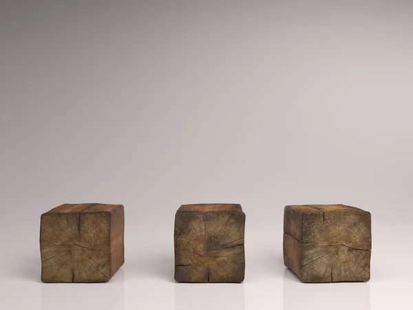 Концепція дизайну - абстрактний геометричний справжній дерев'яний куб з сюрреалістичним плануванням на білому фоні підлоги та його 3D рендером — стокове фото