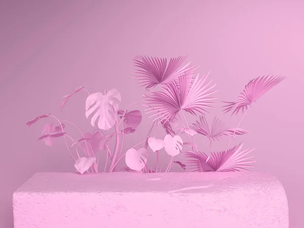石板とその背後に植物とピンクのパステルの背景。3Dレンダリング図. — ストック写真