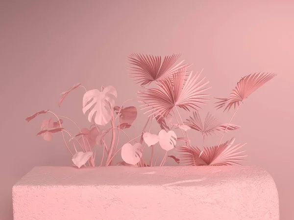 Pink pastel background with stone slab and plants behind it. 3d rendering illustration. Royalty Free Stock Images