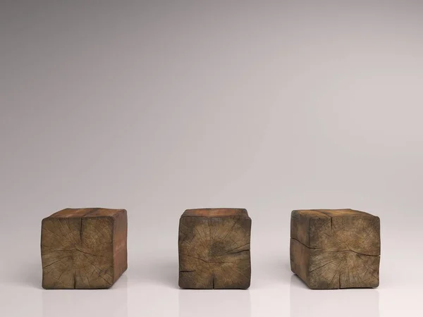 Concepto de diseño: cubo de madera real geométrico abstracto con diseño surrealista sobre fondo de piso blanco y su renderizado 3D Imagen De Stock