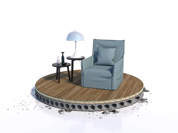 Diseño conceptual, piso de hormigón armado con aislamiento y parquet - cortado en círculo, en la parte superior hay un sillón y una mesa de centro, representación 3D . Imágenes de stock libres de derechos