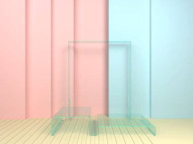 Geometrik şekilli sahne, pastel renklerde esnek biçimler, 3D görüntüleme.