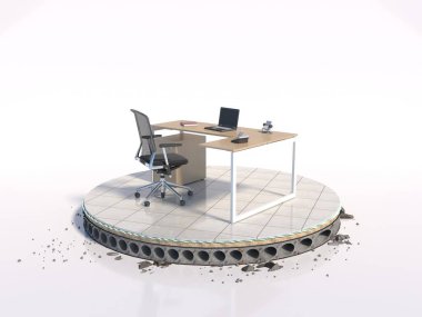 Bir ofis binasının zemininin daire şeklinde kesildiği kavramsal bir proje, bir ofis masası ile birlikte, 3D resimleme