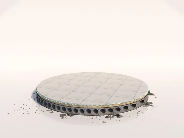 Koncepcyjny design, żelbetowa podłoga z izolacją i płytką ceramiczną - wycięte w kole, nadaje się do prezentacji towarów, renderowanie 3D. — Zdjęcie stockowe