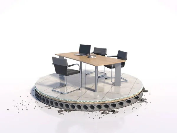 Ein konzeptionelles Projekt, bei dem der Fußboden eines Bürogebäudes in einem Kreis geschnitten wird, zusammen mit einem Schreibtisch, 3D-Darstellung — Stockfoto