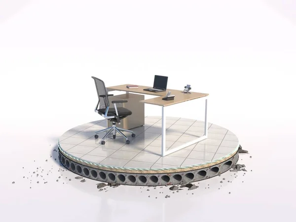 Концептуальный проект, в котором пол офисного здания вырезан по кругу, вместе с офисным столом, 3d рендеринг иллюстрации — стоковое фото