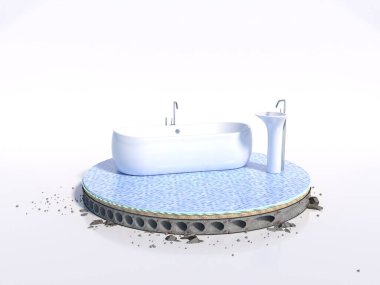 Banyodaki bir konut binasının zemininin bir daire şeklinde kesildiği kavramsal bir proje, küvet ve lavabo ile birlikte, 3 boyutlu.
