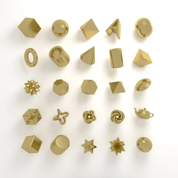 Set of 3d render realistic primitives on white background. Isolated graphic elements. Spheres, torus, tubes, cones and other geometric shapes in golden colors for trendy designs. Stock Photo