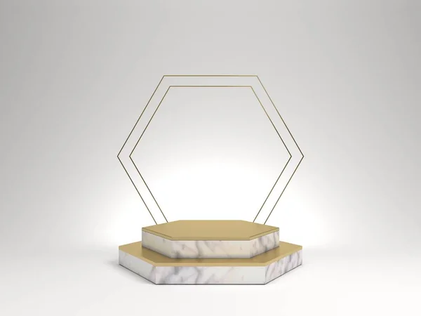 3D-återgivning av vit marmor piedestal isolerad på vit bakgrund, hexagon guld ram, minnestavla, hexagon steg, abstrakt minimal koncept, tomt utrymme, ren design, lyx minimalistisk mockup Royaltyfria Stockbilder