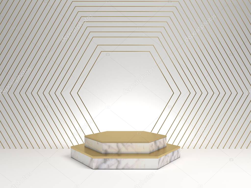 3d rendering of white marble pedestal isolated on white background, hexagon gold frame, memorial board, hexagon steps, abstract minimal concept, blank space, clean design, luxury minimalist mockup