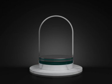 Siyah arkaplan anıtı, silindir basamakları, soyut minimal konsept, boş alan, temiz tasarım, lüks minimalist modelleme üzerine izole edilmiş gümüş kaidesi olan 3d 'lik beyaz mermer.