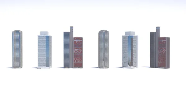 Zestaw różnych budynków drapaczy chmur odizolowanych na biało. Ilustracja 3D — Zdjęcie stockowe