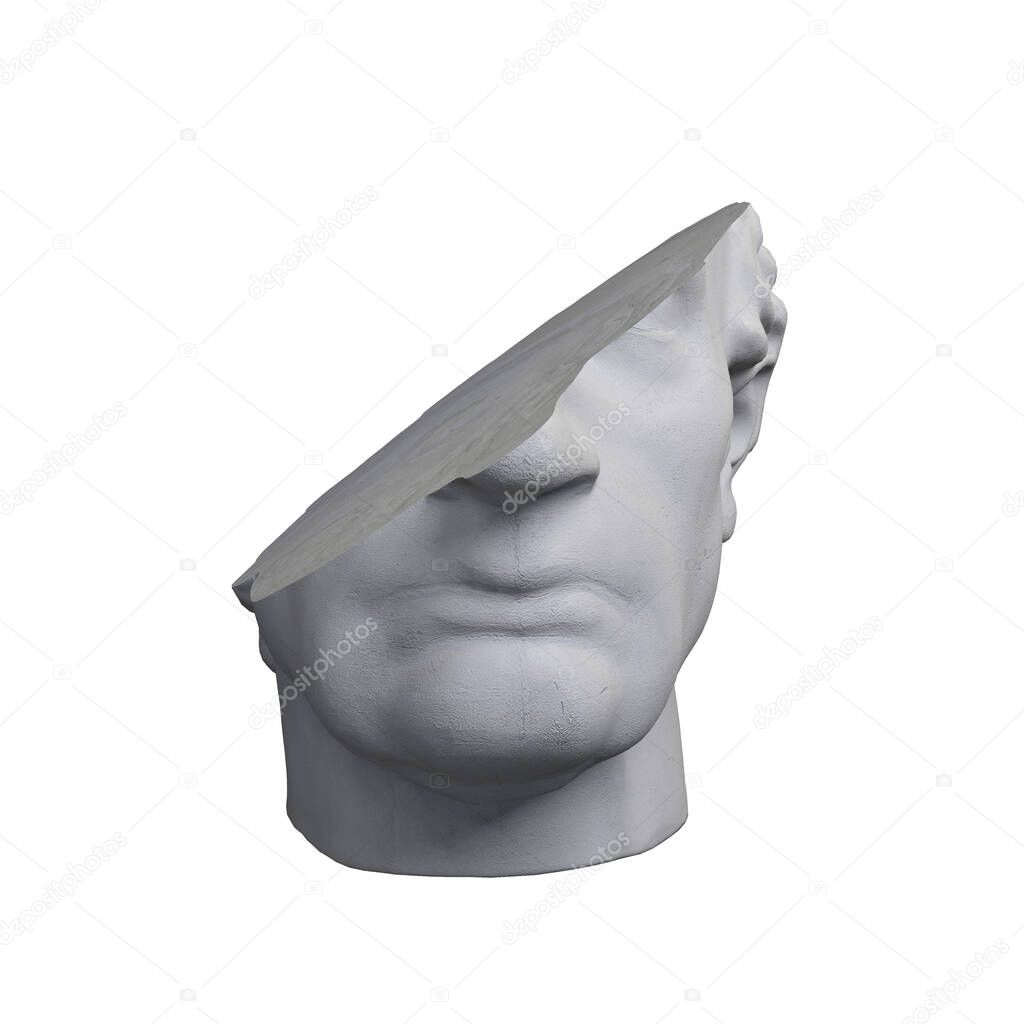Fragment of colossal head sculpture of classical style in monochromatic grey tones isolated on white background. 3D rendering illustration.