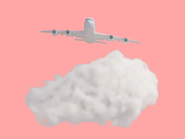 パステルピンクの背景に雲と飛行機。旅行のコンセプト。3Dレンダリング — ストック写真