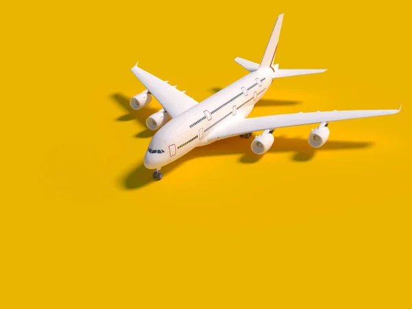 Самолет на жёлтом фоне. концепция путешествия. 3d-рендеринг — стоковое фото