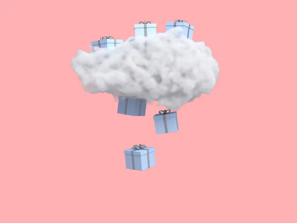 パステルピンクの背景にギフトボックスの雨と雲。創造的なアイデア。最小限のコンセプト。3Dレンダリング — ストック写真