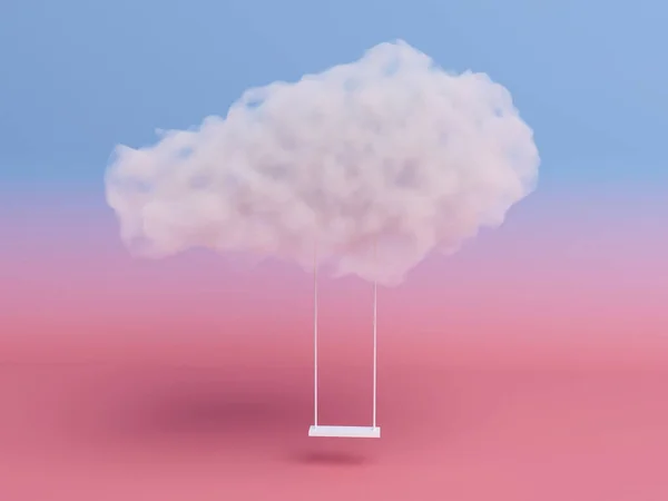 ピンクの部屋の背景に雲によって吊り下げられたロープスイング。創造的な概念を最小限に抑える。3Dレンダリング. — ストック写真