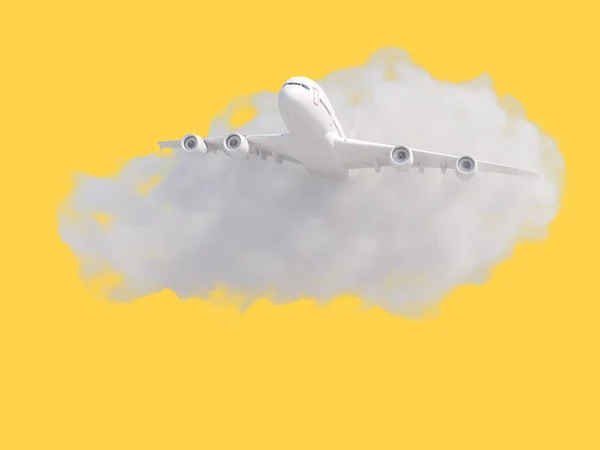 Pastel sarı arka planda bulutlu bir uçak. Seyahat konsepti. 3d oluşturma — Stok fotoğraf