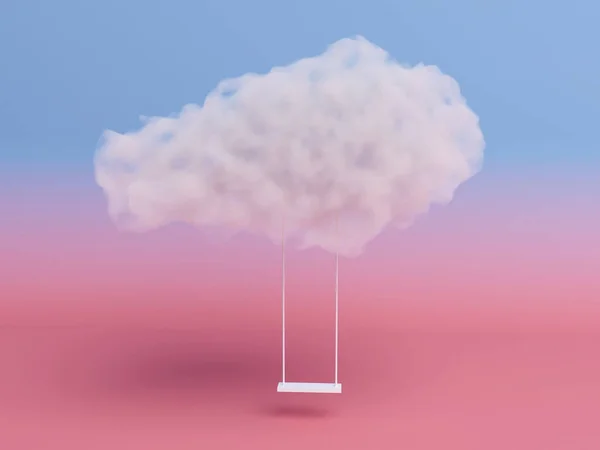 Touw schommel opgehangen door de wolk op roze kamer achtergrond. Minimaal creatief ideeënconcept. 3D-weergave. Stockfoto