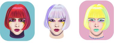 Emoji illüstrasyonunun vektör varyasyonları, renkli kadın yüzleri