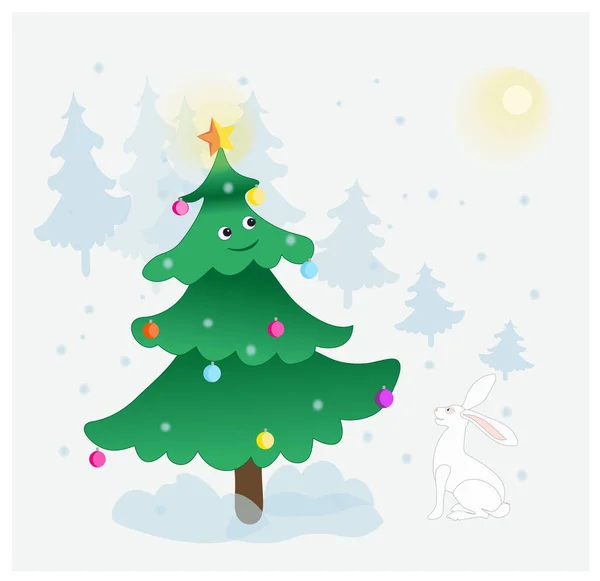 Vektör çizimi Ormanda Tavşanlı Mutlu Noel Ağacı