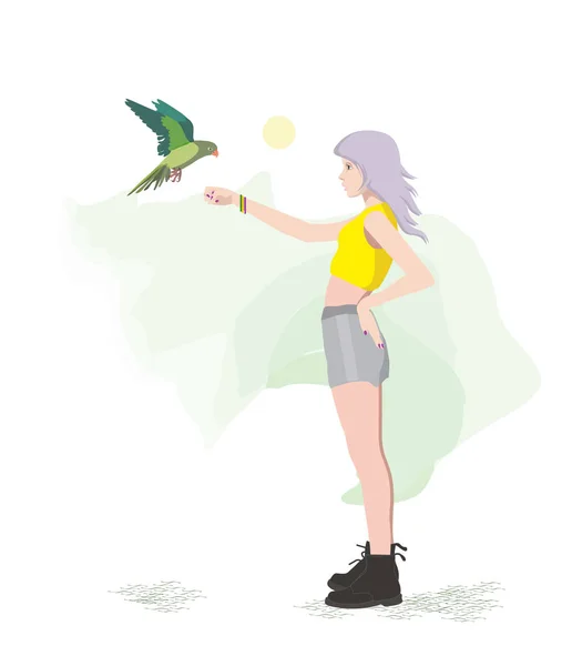 Papağanlı Vektör illüstrasyon Kızı