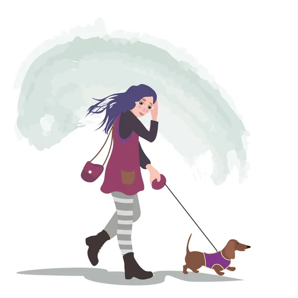 Rüzgarlı bir günde köpekli vektör illüstrasyon kızı