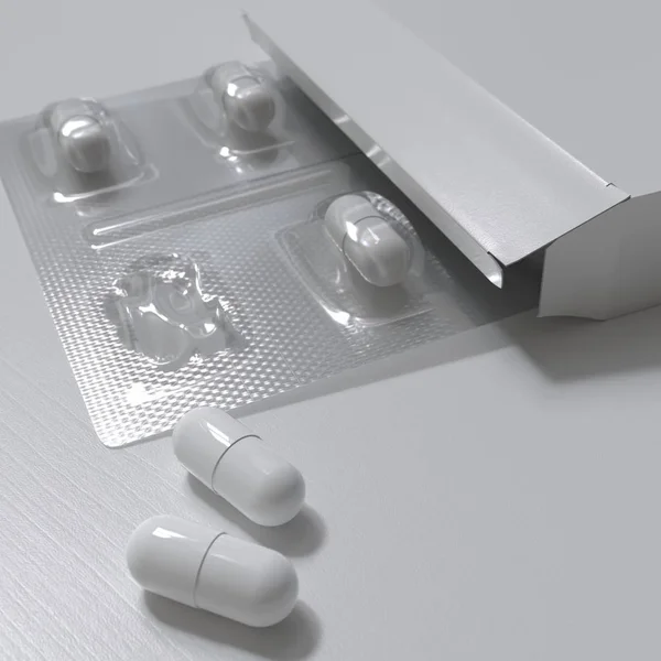 Haplarla su topladı. Eczane paketi maketi. Tabletler beyaz ahşap arkaplanda şablon