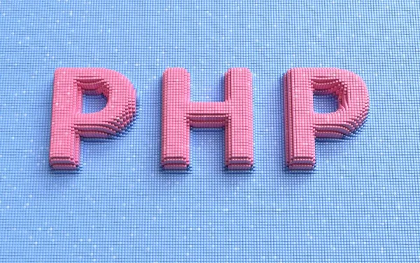 Php Programlama Dili. Gelişim konsepti. Kodlama geçmişi. Renkli pikselleştirilmiş metin. 3d hazırlayıcı
