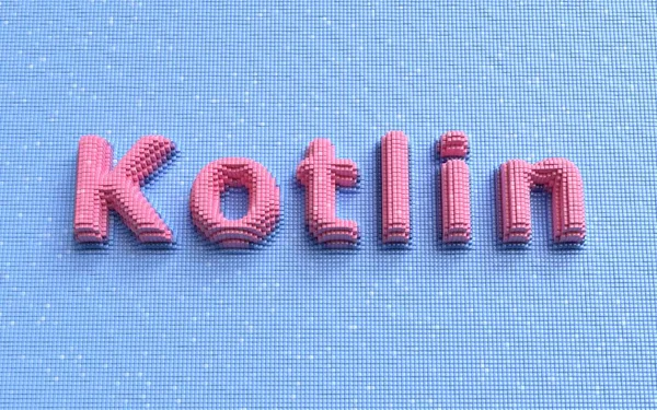 Kotlin Programlama Dili. Gelişim konsepti. Kodlama geçmişi. Renkli pikselleştirilmiş metin. 3d hazırlayıcı