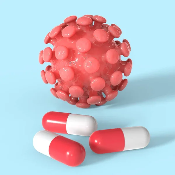 Pills for coronavirus. Covid-19 therapy. Pharmacy for virus. Ncov research. 3d render