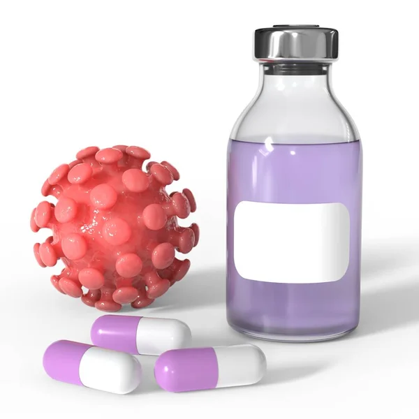 Coronavirus terapisi. Covid-19 için haplar. Virüs aşısı modeli. Kırmızı virüs ve eczane şişesi. 3D görüntüleme beyaz üzerine izole edildi