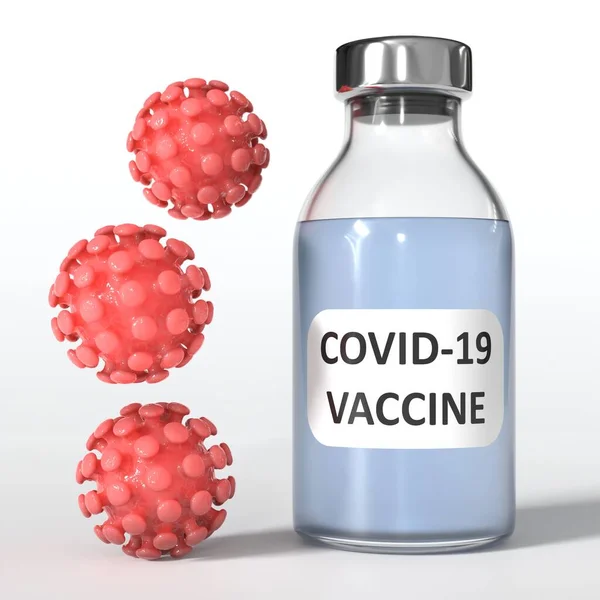 Coronavirus aşısı araştırması. Covid-19 aşısı. Kırmızı virüslü mavi şişe. 3d hazırlayıcı