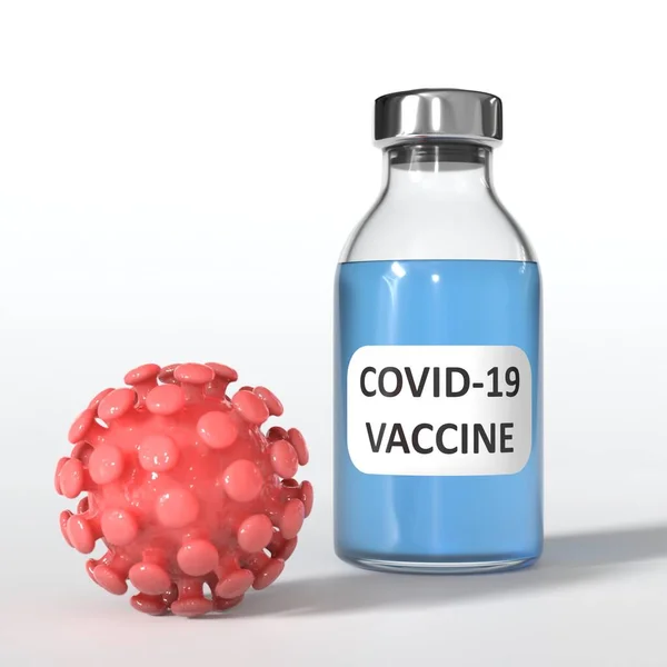 Coronavirus terapisi. Covid-19 aşı araştırması. Kırmızı virüslü mavi şişe.