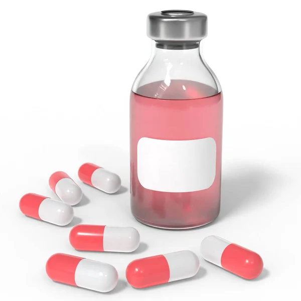 Kırmızı sıvı ve kırmızı haplarla dolu boş bir ilaç şişesi. Eczane modeli. Aşı şablonu beyaza izole edildi.