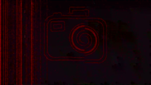 Иконка Белой Камеры Черном Фоне Эффектом Сбой Анимации — стоковое видео