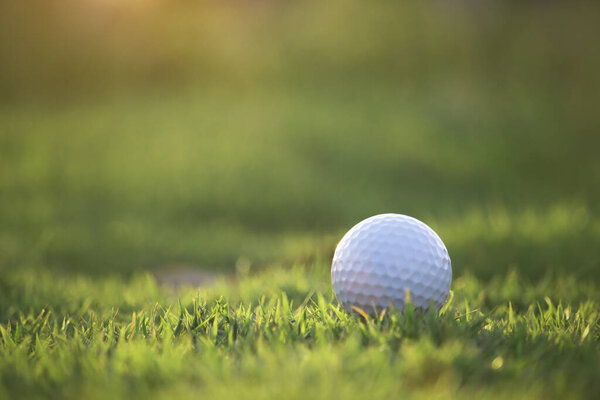 Golf ball is on a green lawn in a beautiful golf course with morning sunshine.Ready for golf in the first short.Sports that people around the world play during the holidays for health.