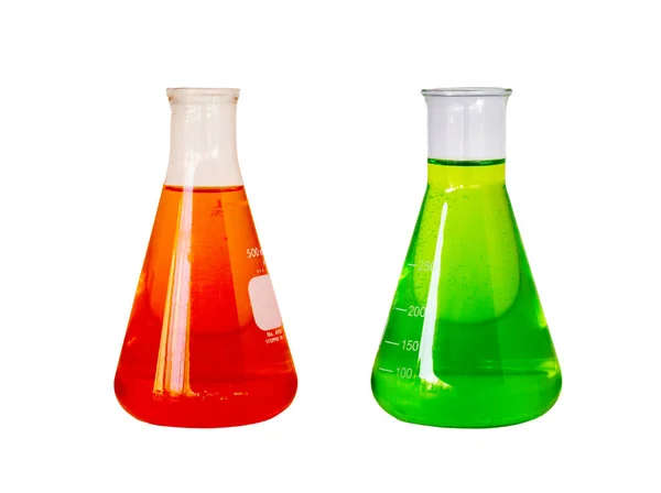 明るい色の化学物質と試験管 グラフィックデザインのための白い背景に隔離された科学実験装置 — ストック写真