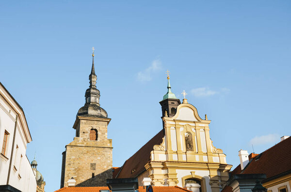 Beautiful Franciscan Monastery in Pilsen, Czech Republic with light blue sky in background. The church and monastery are among the town's oldest houses. Historical center in Plzen, Bohemia, Czechia.