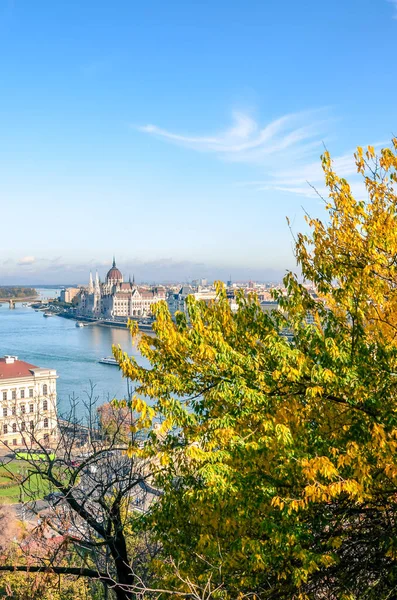 Осінній краєвид Будапешта, Угорщина з осінніми деревами на передньому плані. Угорська будівля парламенту, Оршагхаз, на задньому плані на іншому боці Дунаю. Столиця Угорщини — стокове фото
