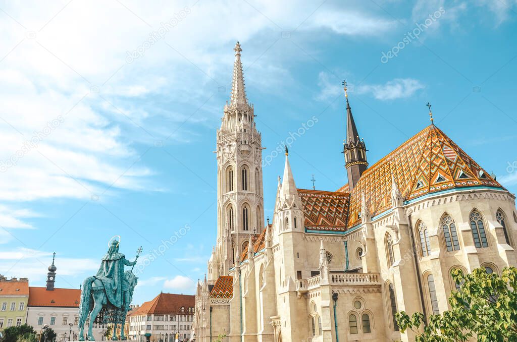 Matthias Church, or the Church of the Assumption of the Buda Castle, in Budapest, Hungary. Amazing Gothic Cathedral in the Hungarian capital city. Tourist attraction and historical heritage