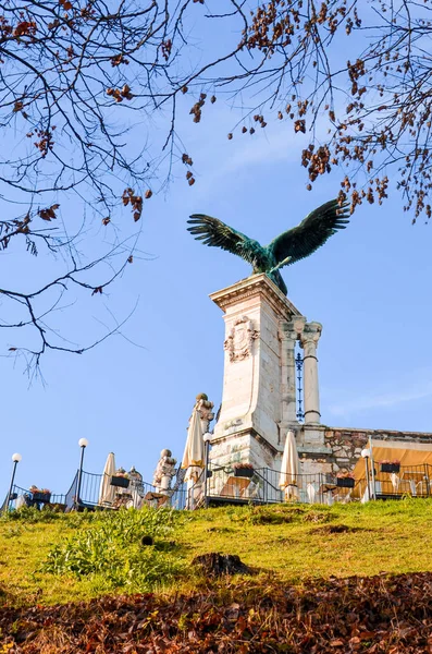 Budapešť, Maďarsko - 6. listopadu 2019: Socha turulského ptáka na královském hradě. Mytologický dravý pták se v maďarských tradicích většinou zobrazoval jako jestřáb nebo sokol. Národní symbol Maďarů — Stock fotografie