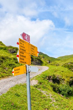 Grindelwald 'dan İsviçre' deki Bachalpsee gölüne giden yolda sarı bilgi işareti var. İsviçre Alplerinde yürüyüşçülere ve bisikletçilere yol tarifi veren bir turist tabelası. Yaz Alp manzaraları