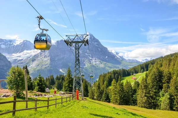 Teleférico amarillo en los Alpes suizos. Góndola que va de Grindelwald a First en el área de Jungfrau. Paisaje alpino de verano con montañas nevadas en el fondo. Transporte turistas cuesta arriba — Foto de Stock