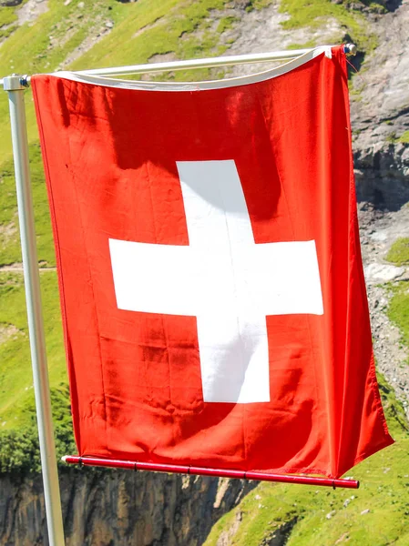 Waving national flag of Switzerland with blurred Alpine landscape in the background. White cross on a red square. National symbol of the European country. Swiss flag on a vertical photo