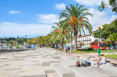 Funchal, Madeira, Portekiz - Sep 10, 2019: Madeiran başkentinde şehir gezisi. Yeşil bitki örtüsü, palmiye ağaçları, bir sokak satıcısı ve sokaktaki insanlar. Güneşli bir yaz günü. Günlük yaşam