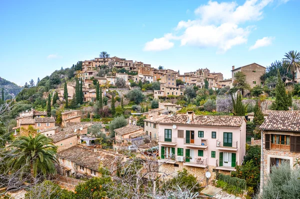 Stunning cityscape of the small coastal village Deia in Mallorca, Spain. Traditional houses located in terraces on the hills surrounded by green trees. Spanish tourist destinations — Stock Photo, Image