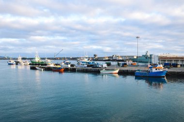 Ponta Delgada, Azores, Portekiz - 12 Ocak 2020: Portekiz Azores Adaları 'nın başkentinde sanayi limanı. Atlantik Okyanusu kıyısındaki limana demirlemiş tekne ve kargo gemileri.