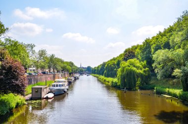 Hertogenbosch, Kuzey Brabant, Hollanda - 9 Haziran 2018: Hollanda 'nın tarihi merkezinde tekneli su kanalı. Ağaçlar ve binalarla çevrili bir kanal.