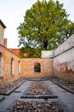 Pilsen, Çek Cumhuriyeti - 28 Ekim 2019: Plzen 'deki Eski Sinagog' un bitişiğindeki Anılar Bahçesi. Nazi terör kurbanlarının adlarını taşıyan taşlar Soykırım 'ın Pilsen kurbanlarını anmaktadır..